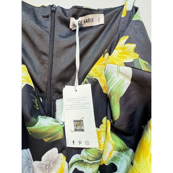 NWT Grace Karin Womens Floral Bodycon Dress Size 2XL Black Yellow Midi Slit Lace - Picture 2 of 15